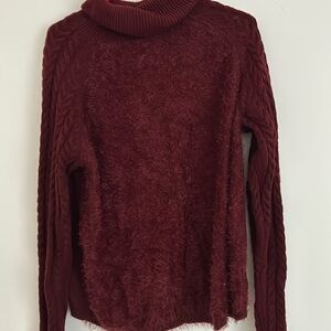 Eva Mendez beautiful maroon sweater front is soft fur-like arms are braided XL